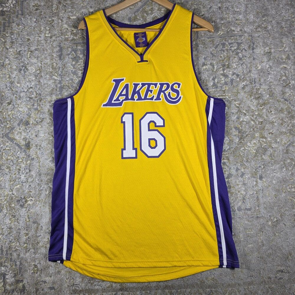 Los Angeles Lakers Jersey Gasol 16 Mens XL Basketball Gold Purple Yellow Hoops
